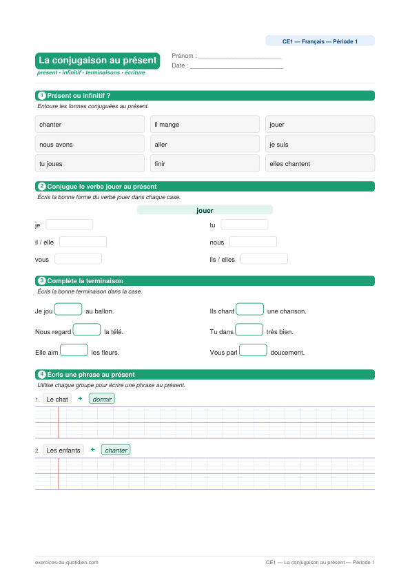 Exercices CE1 Français — La conjugaison au présent — fiche PDF à imprimer