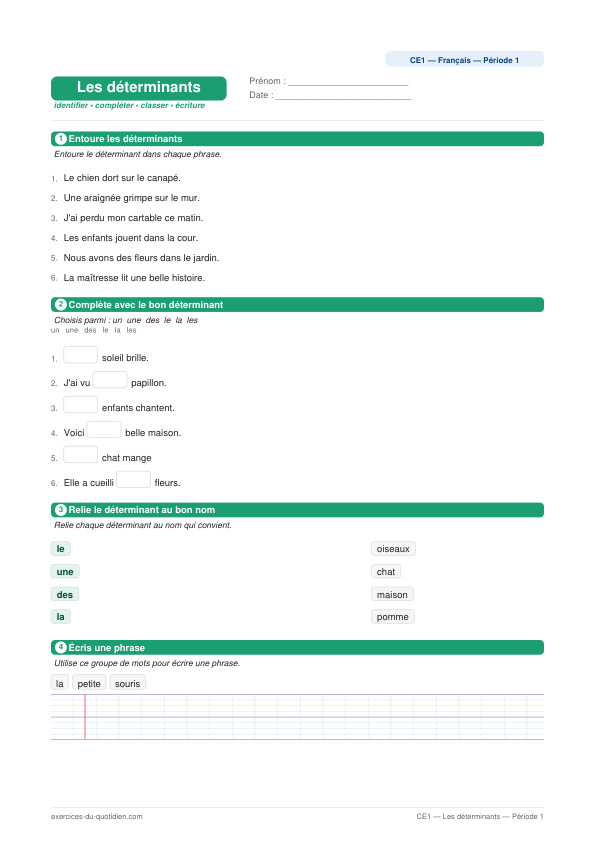 Exercices CE1 Français — Les déterminants — fiche PDF à imprimer