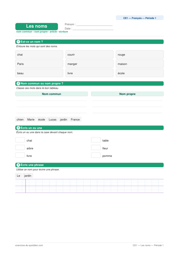 Exercices CE1 Français — Les noms — fiche PDF à imprimer