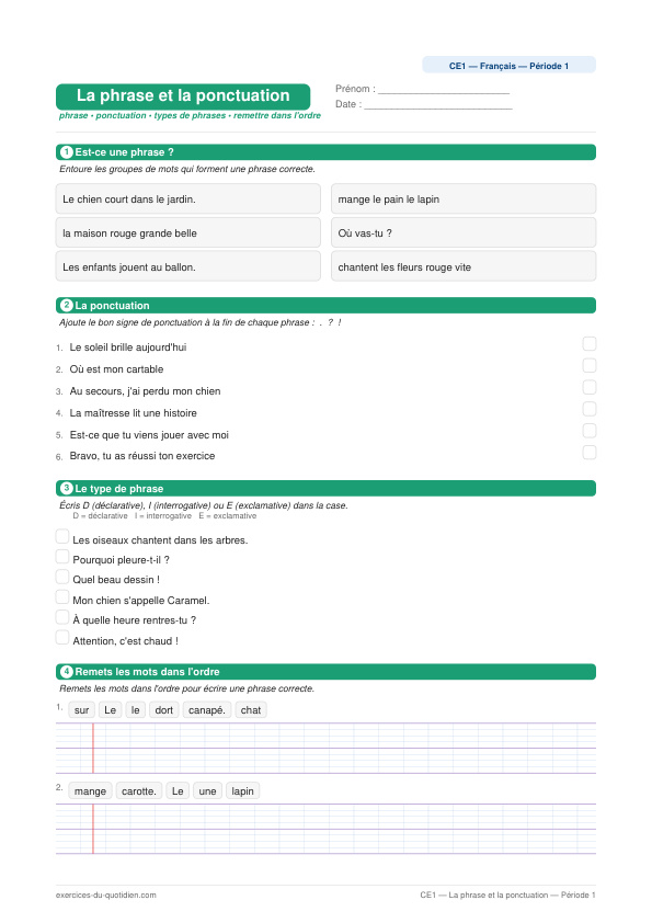 Exercices CE1 Français — La phrase et la ponctuation — fiche PDF à imprimer