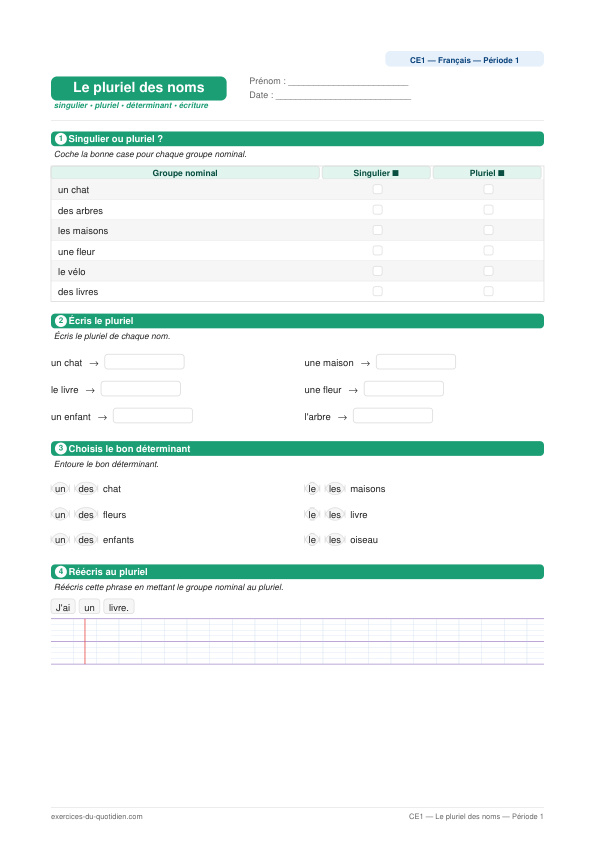 Exercices CE1 Français — Le pluriel des noms — fiche PDF à imprimer