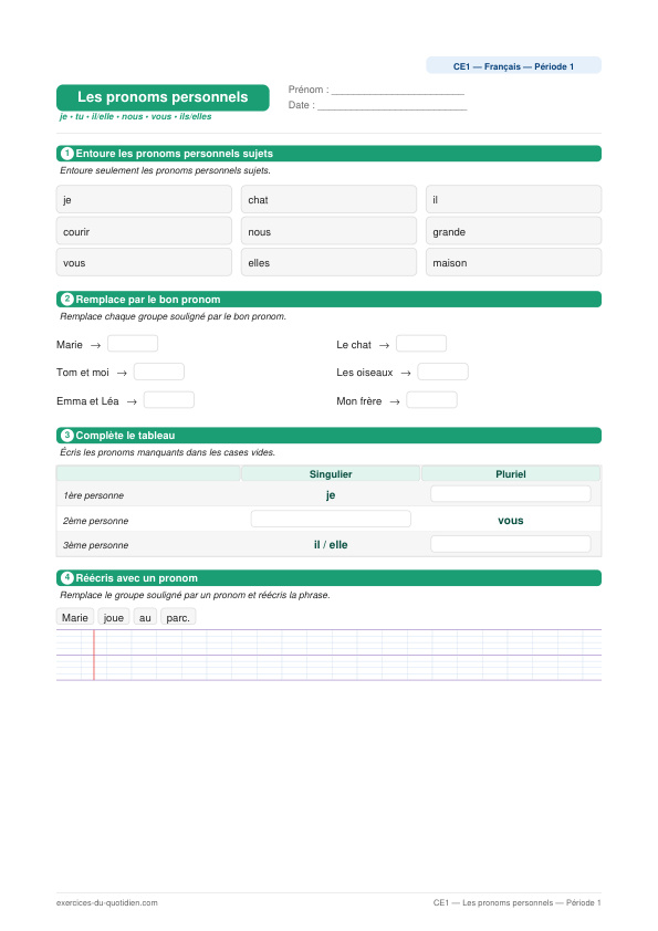 Exercices CE1 Français — Les pronoms personnels sujets — fiche PDF à imprimer