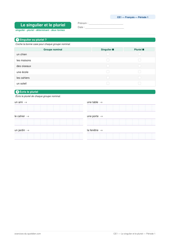 Exercices CE1 Français — Le singulier et le pluriel — fiche PDF à imprimer