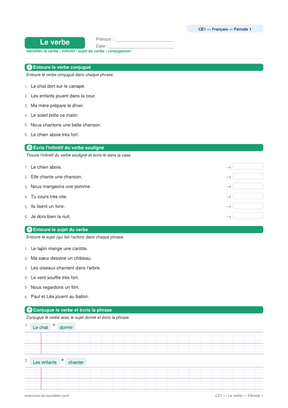 Exercices CE1 Français — Le verbe — fiche PDF à imprimer