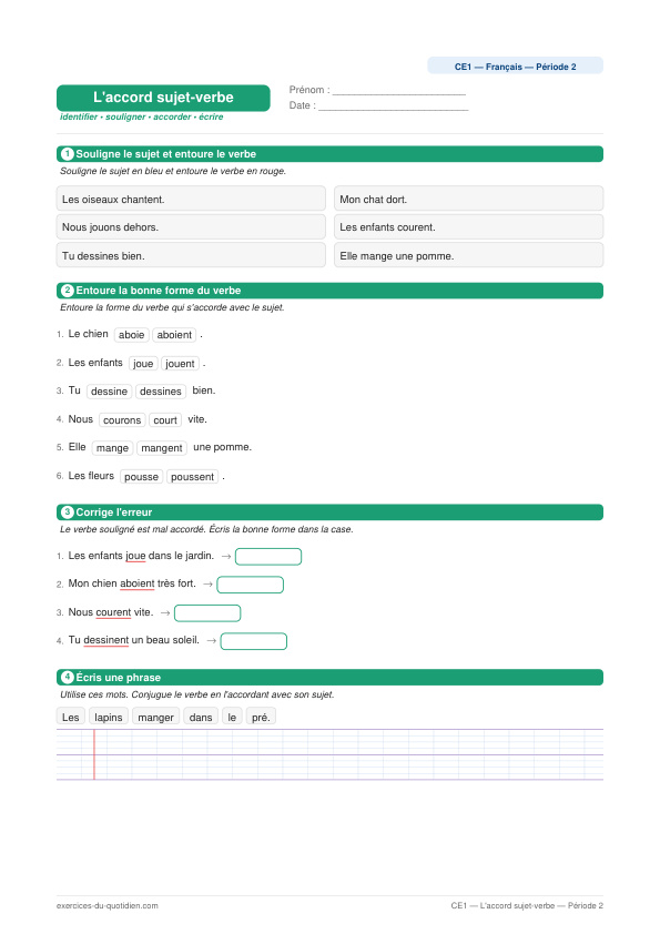 Exercices CE1 Français — L'accord sujet-verbe — fiche PDF à imprimer