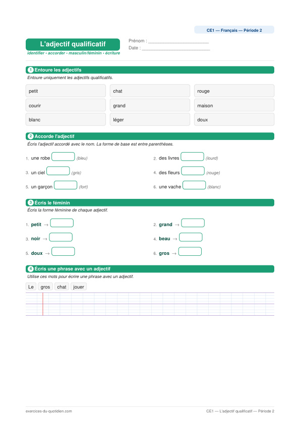 Exercices CE1 Français — L'adjectif qualificatif — fiche PDF à imprimer