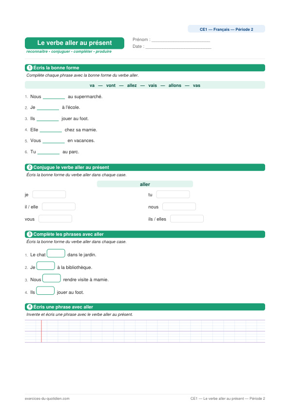 Exercices CE1 Français — Le verbe aller au présent — fiche PDF à imprimer