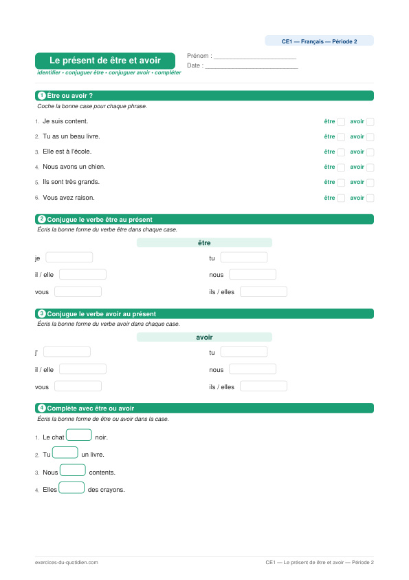 Exercices CE1 Français — Le présent de être et avoir — fiche PDF à imprimer