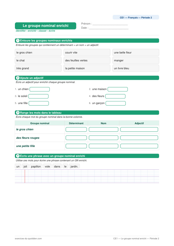 Exercices CE1 Français — Le groupe nominal enrichi — fiche PDF à imprimer