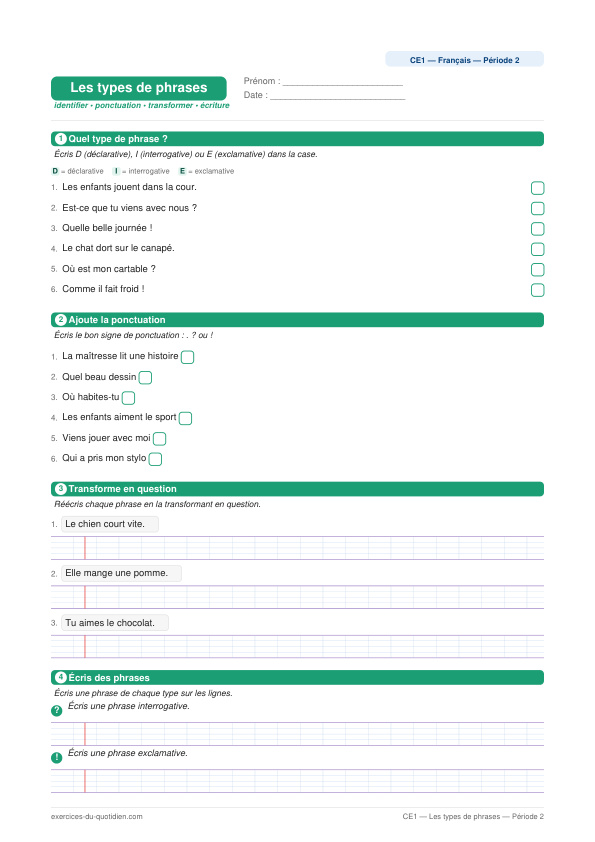 Exercices CE1 Français — Les types de phrases — fiche PDF à imprimer