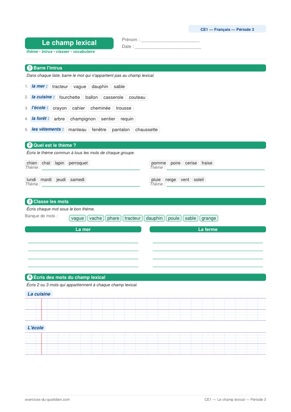 Exercices CE1 Français — Le champ lexical — fiche PDF à imprimer