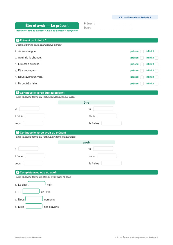 Exercices CE1 Français — Être et avoir — Présent, futur et imparfait — fiche PDF à imprimer