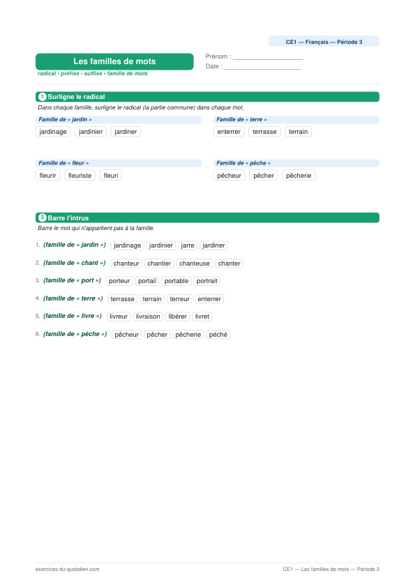 Exercices CE1 Français — Les familles de mots — fiche PDF à imprimer