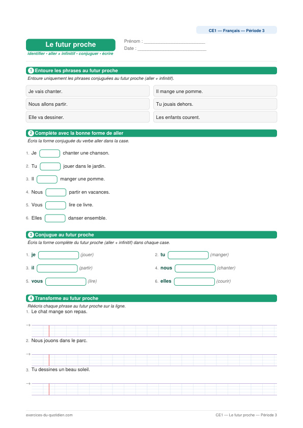Exercices CE1 Français — Le futur proche — fiche PDF à imprimer