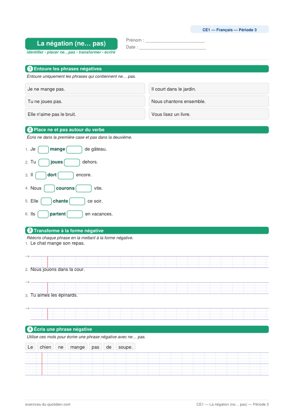 Exercices CE1 Français — La négation (ne… pas) — fiche PDF à imprimer