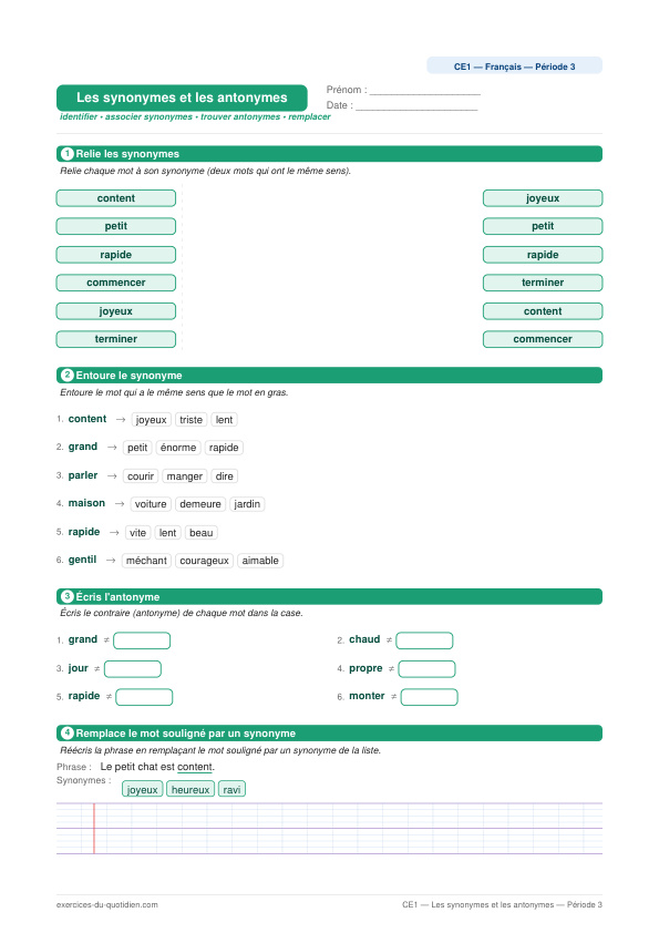 Exercices CE1 Français — Les synonymes et les antonymes — fiche PDF à imprimer