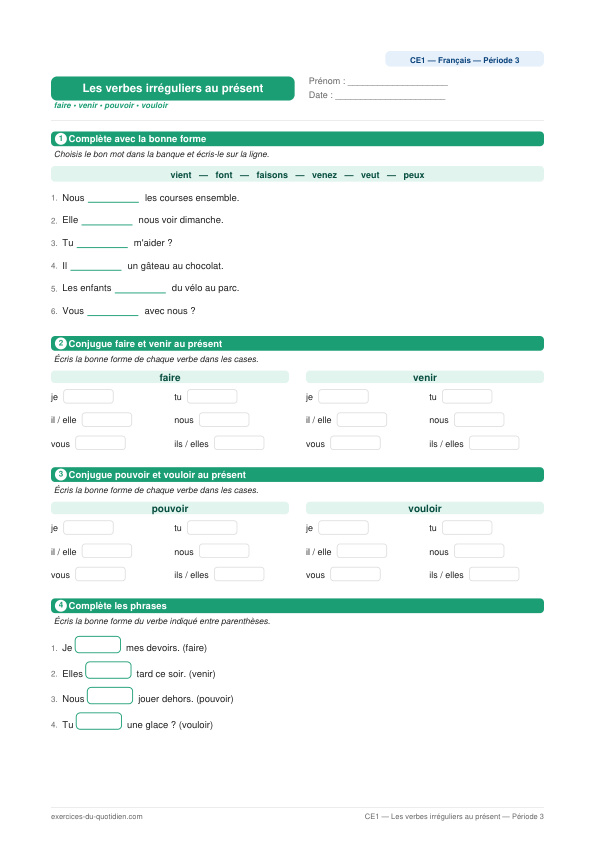 Exercices CE1 Français — Les verbes irréguliers au présent — fiche PDF à imprimer