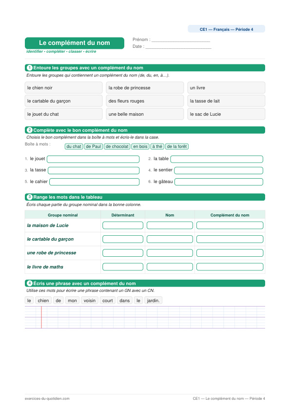 Exercices CE1 Français — Le complément du nom — fiche PDF à imprimer
