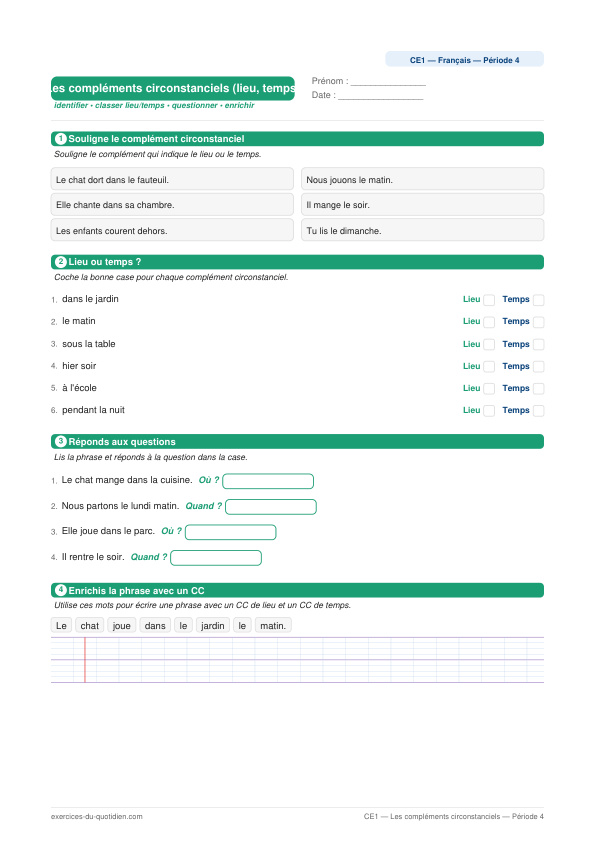 Exercices CE1 Français — Les compléments circonstanciels — fiche PDF à imprimer