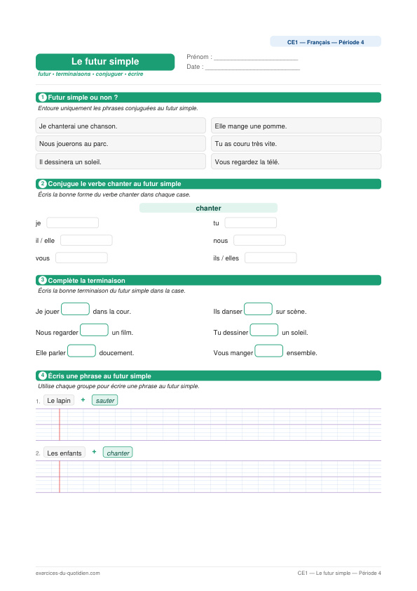 Exercices CE1 Français — Le futur simple — fiche PDF à imprimer