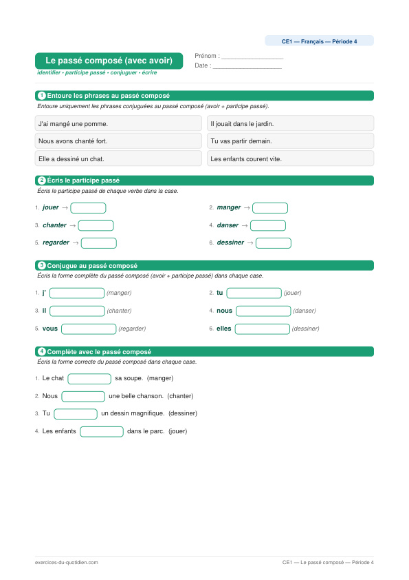Exercices CE1 Français — Le passé composé (avec avoir) — fiche PDF à imprimer
