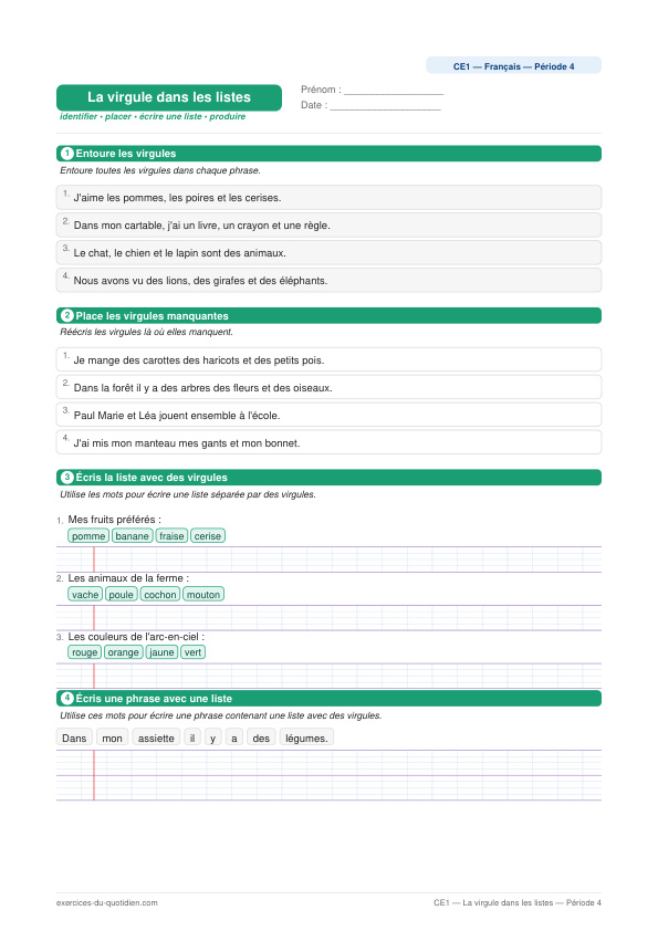 Exercices CE1 Français — La virgule dans les listes — fiche PDF à imprimer