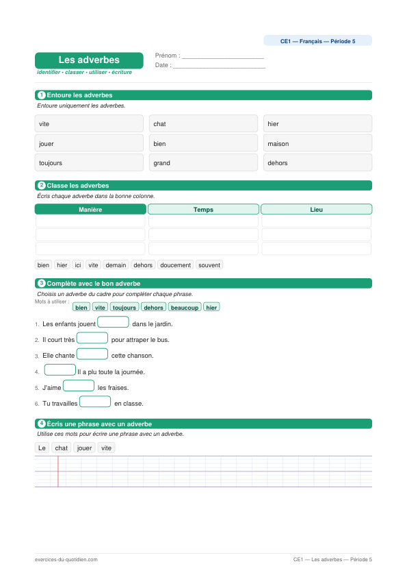 Exercices CE1 Français — Les adverbes — fiche PDF à imprimer