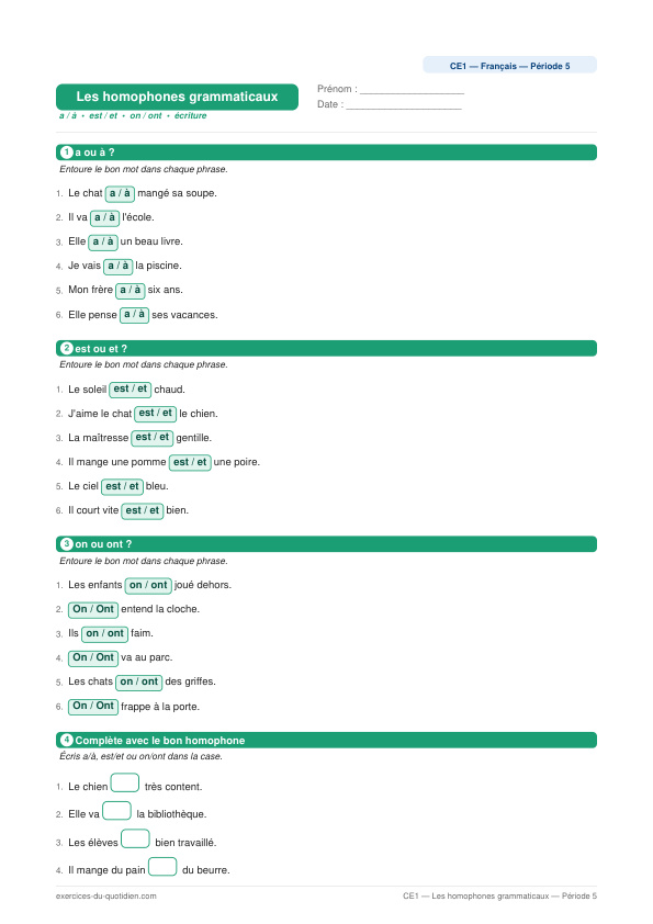 Exercices CE1 Français — Les homophones grammaticaux — fiche PDF à imprimer