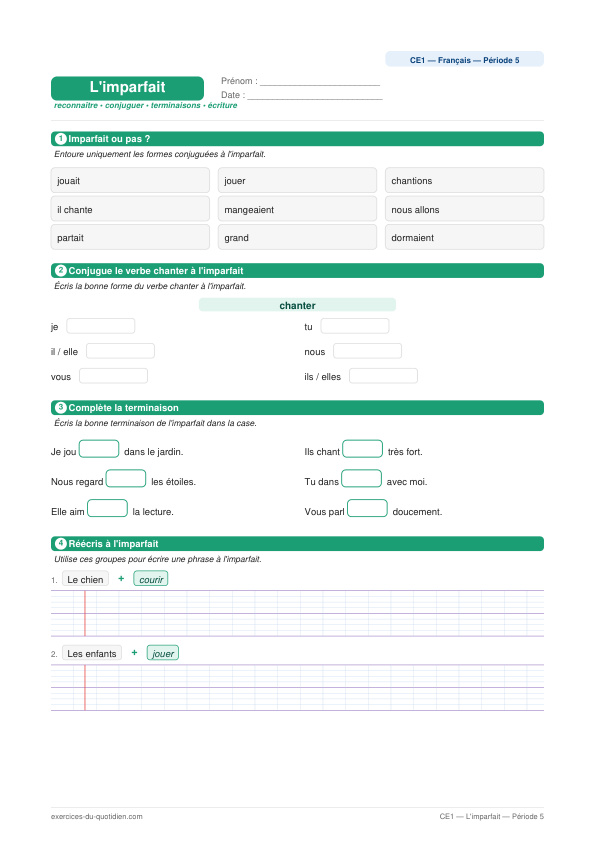 Exercices CE1 Français — L'imparfait — fiche PDF à imprimer
