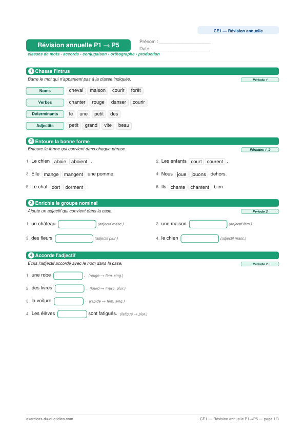 Exercices CE1 Français — Révision annuelle P1 → P5 — fiche PDF à imprimer