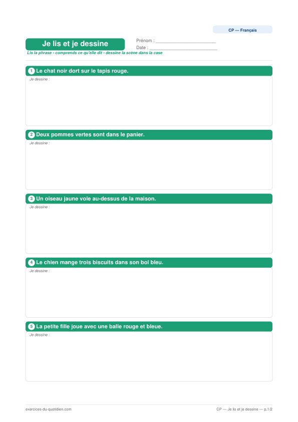 Exercices CP Français — Je lis et je dessine — fiche PDF à imprimer