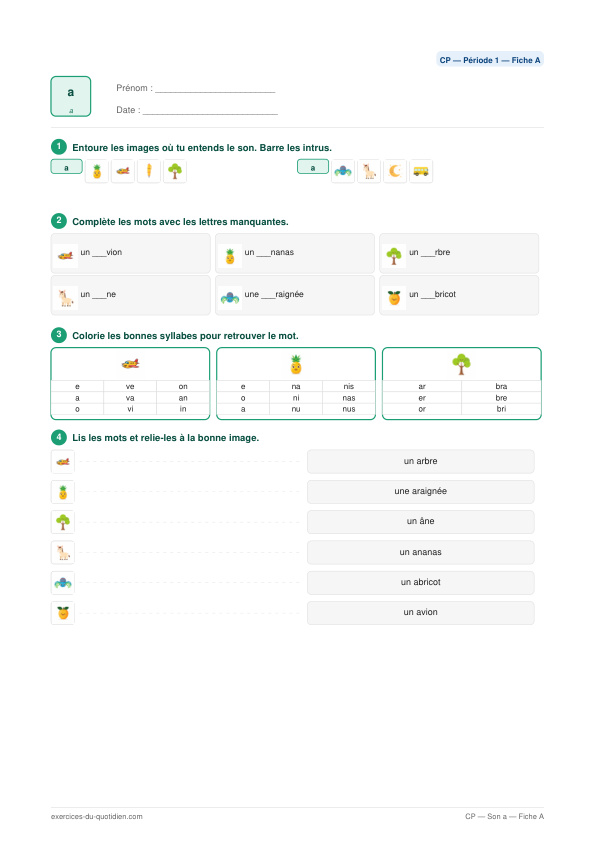 Exercices CP Français — Son a — fiche PDF à imprimer