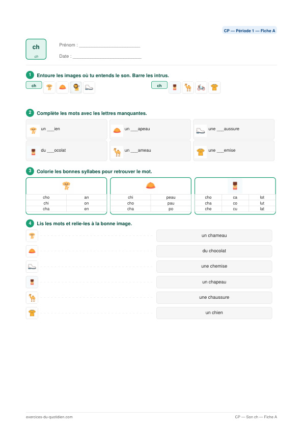 Exercices CP Français — Son ch — fiche PDF à imprimer