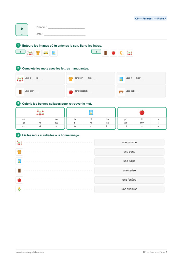 Exercices CP Français — Son e — fiche PDF à imprimer