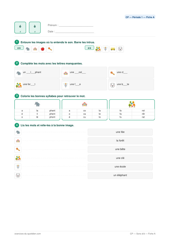 Exercices CP Français — Sons é / è — fiche PDF à imprimer