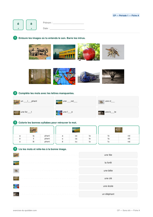 Fiche exercices CP — Sons é / è : aperçu photos réelles PDF à imprimer