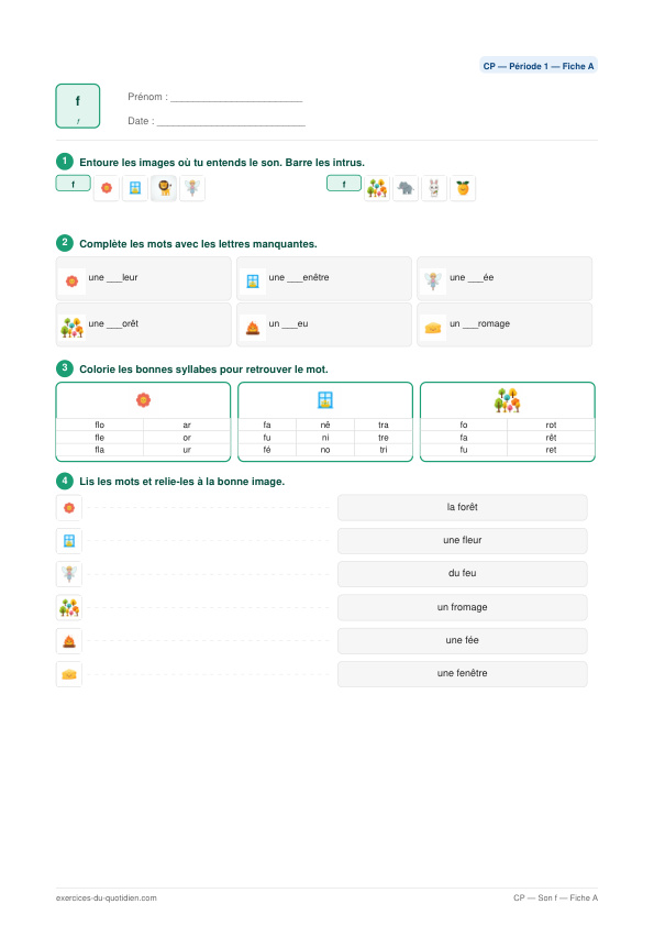 Exercices CP Français — Son f — fiche PDF à imprimer