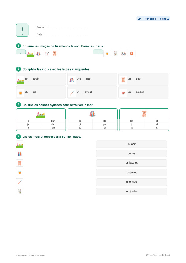 Exercices CP Français — Son j — fiche PDF à imprimer