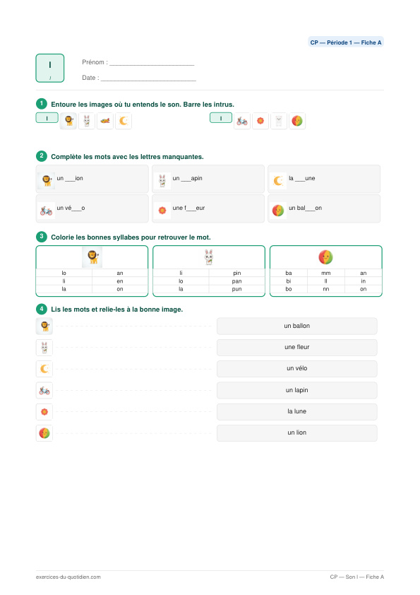 Exercices CP Français — Son l — fiche PDF à imprimer