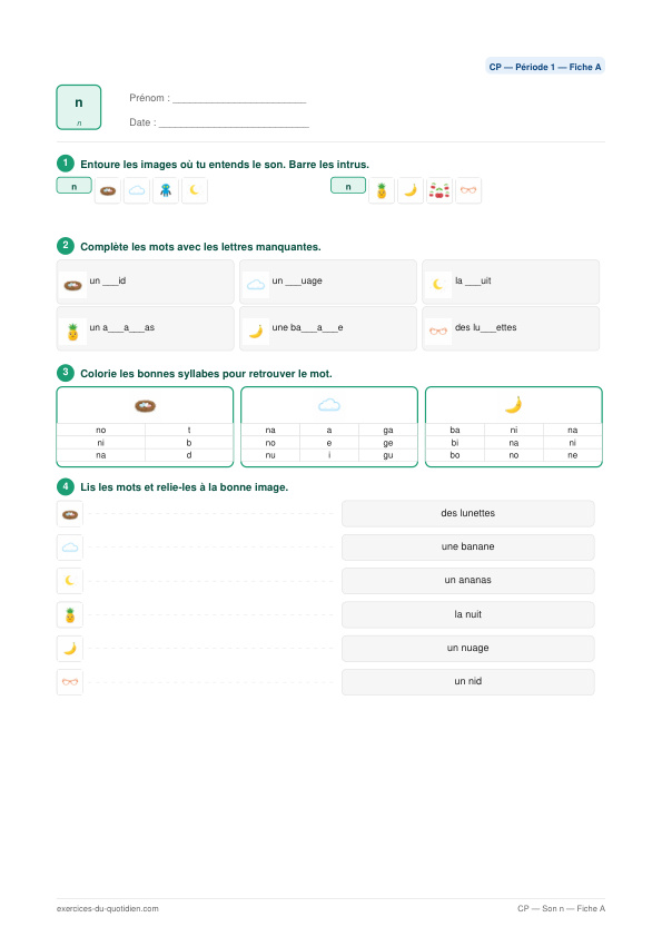 Exercices CP Français — Son n — fiche PDF à imprimer
