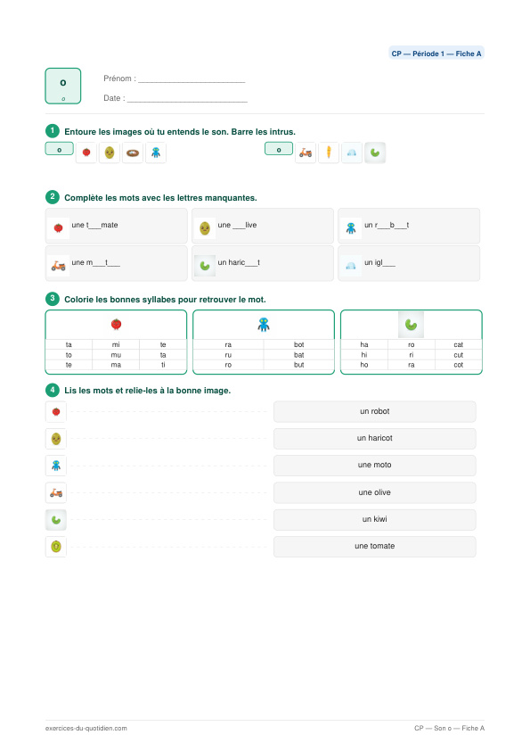 Exercices CP Français — Son o — fiche PDF à imprimer