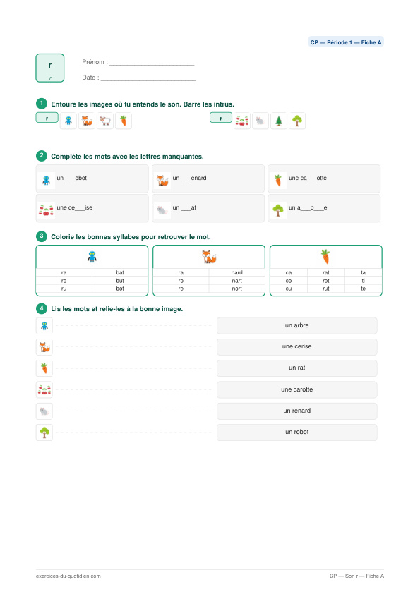 Exercices CP Français — Son r — fiche PDF à imprimer