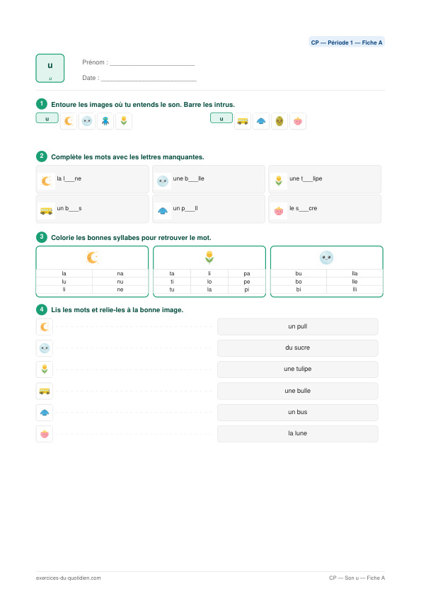 Exercices CP Français — Son u — fiche PDF à imprimer