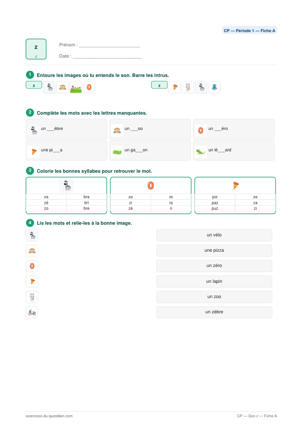 Exercices CP Français — Son z — fiche PDF à imprimer