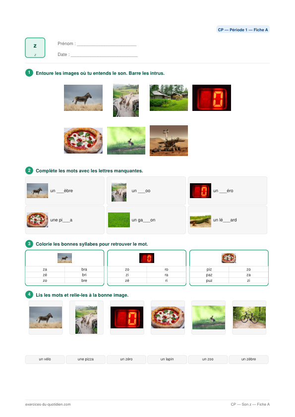 Exercices CP Français — Son z — fiche PDF à imprimer