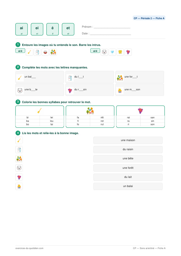 Exercices CP Français — Sons ai / ei / ê / et — fiche PDF à imprimer