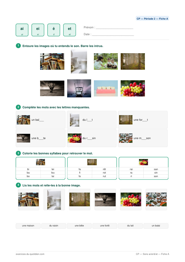 Exercices CP Français — Sons ai / ei / ê / et — fiche PDF à imprimer