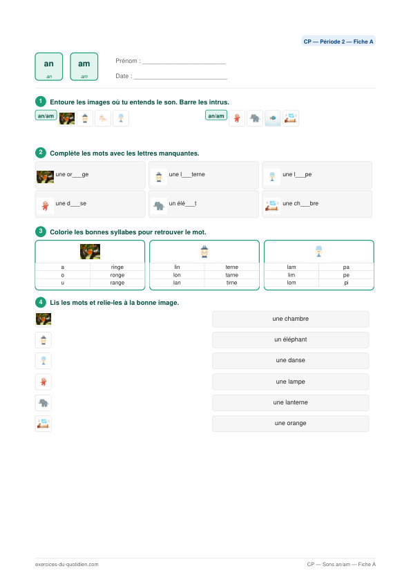 Exercices CP Français — Sons an / am — fiche PDF à imprimer