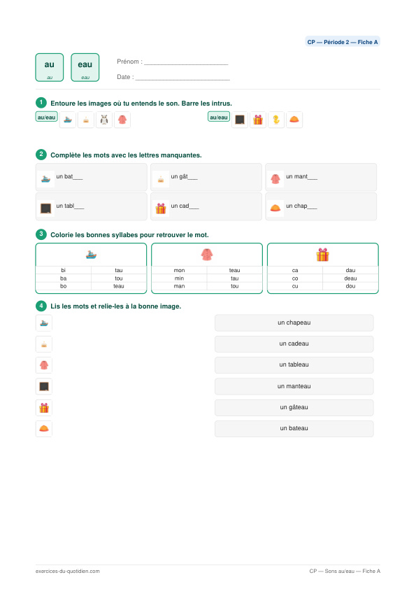 Exercices CP Français — Sons au / eau — fiche PDF à imprimer