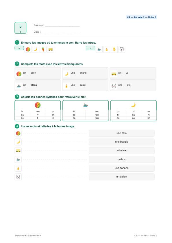 Exercices CP Français — Son b — fiche PDF à imprimer